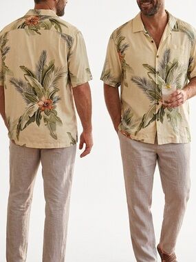 Tommy Bahama Men's 100% Silk Tropical Floral Hawaiian Shirt Cream Beige Size XL